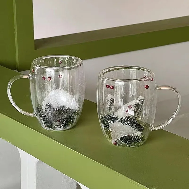 Double Wall Glass Cup with Real Dried Pine Needles for Hot and Cold Drinks