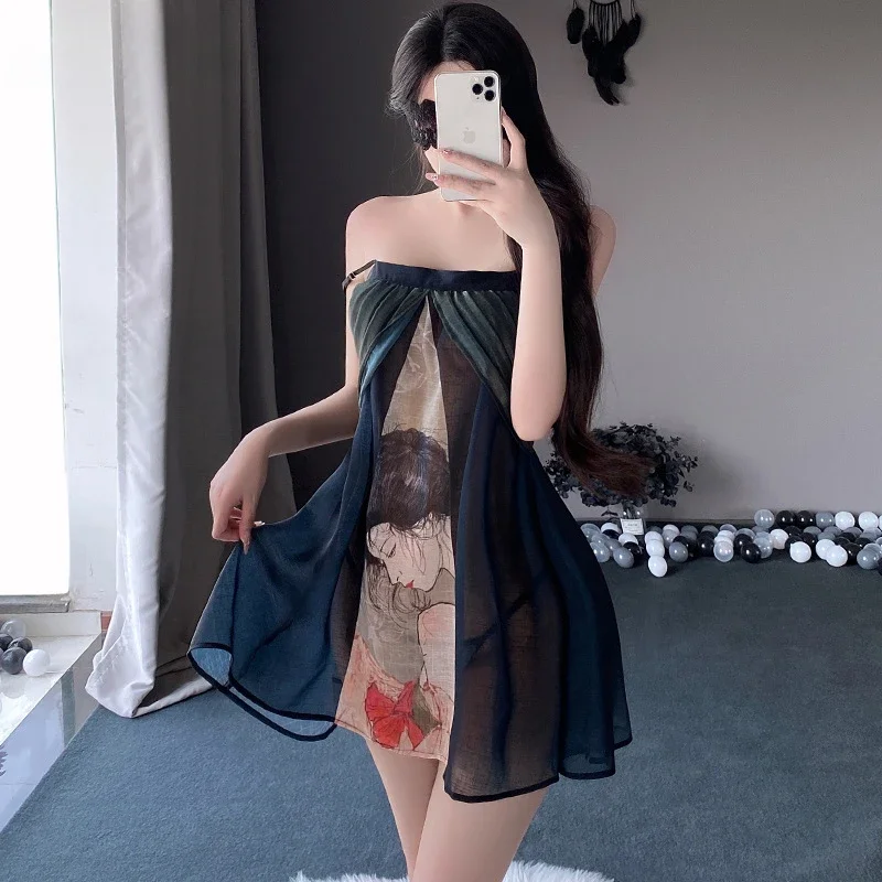 

Chinese Traditional Costumes Tang Dynasty Lolita Sexy Lingerie Erotic Mesh Nightgowns Classical Printed Cute Nightdress Uniform