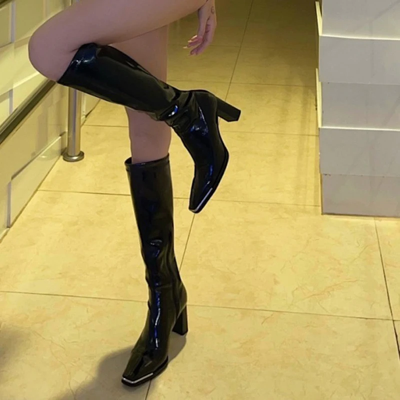 

8cm Chunky Heels Long Boots Fall Patent Leathe Black Shoes Designer Knee High Boots Women Female Chelsea Bottine Femme