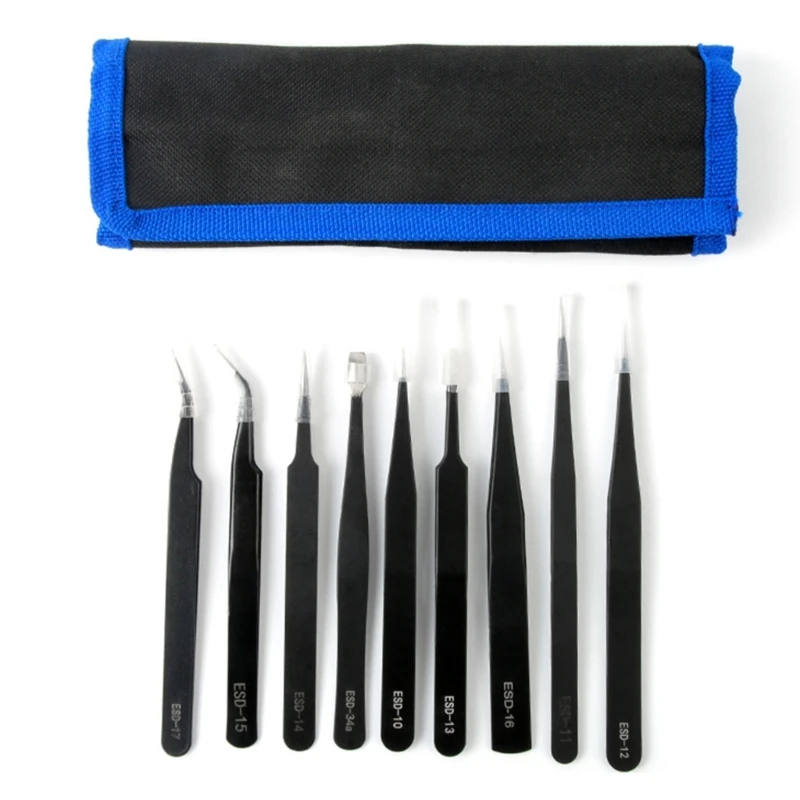 

1 Set of 9 Pieces Anti-static Tweezers ESD Tweezers Stainless Steel Tweezers Drop shipping