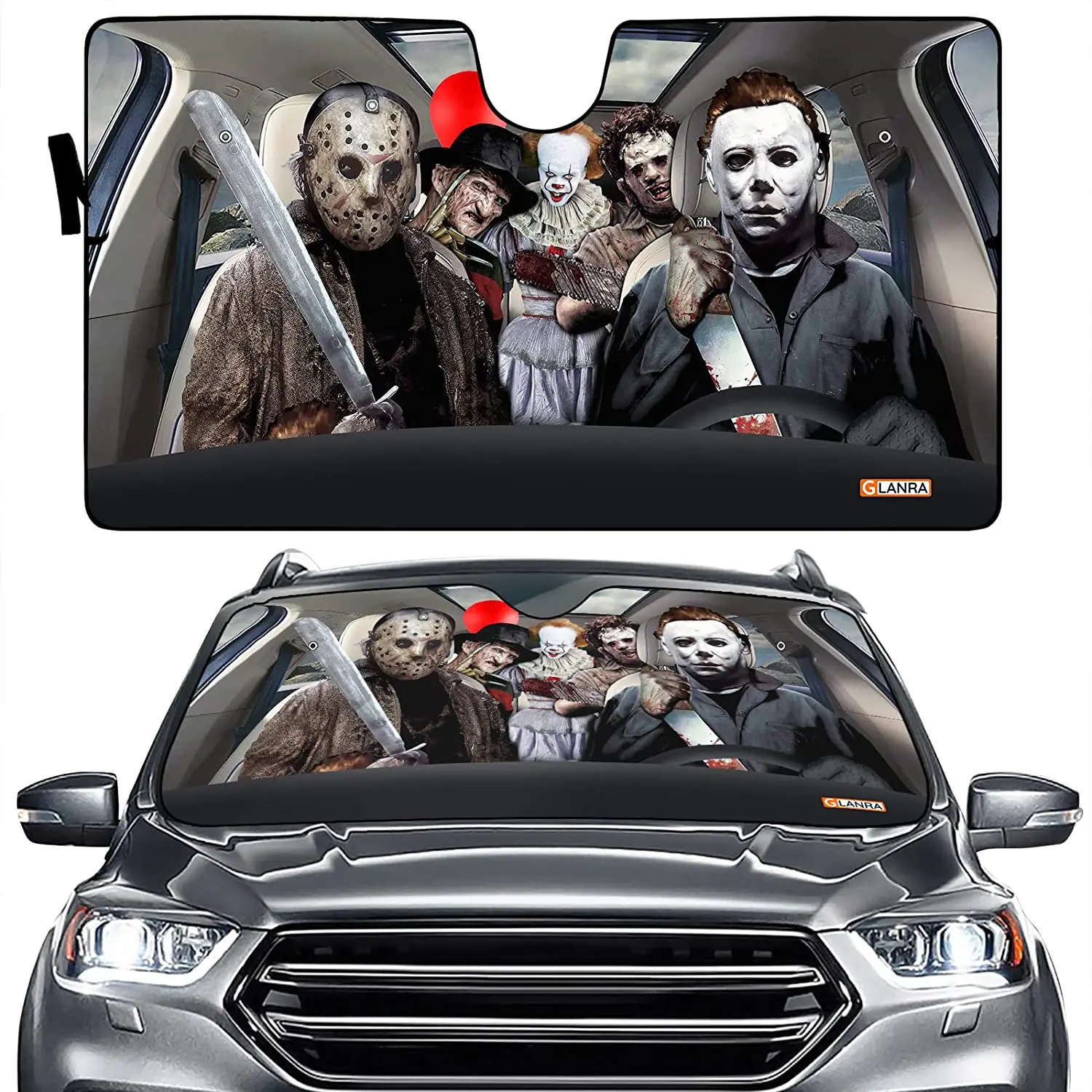

Terrifying Horror Movie Characters Driving Car Auto Sunshade, Scariest Villains Car Windshield Sunshade Foldable Reflective Sun