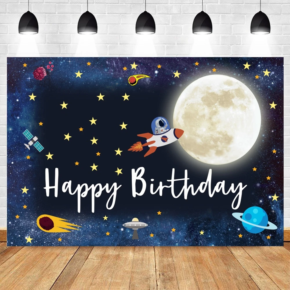Photo Backdrop Outer Space Happy Birthday Backdrop Universe Planet Galaxy Spacecraft Astronaut Blast Off Rocket Baby Shower Photo Background
