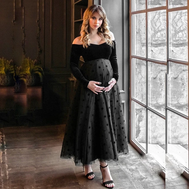 Black Maternity Gown Dresses For Photo Shoot Pregnant Women Long