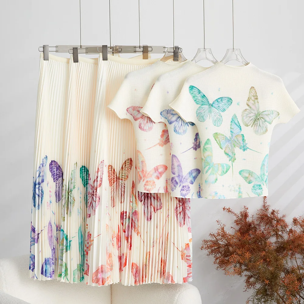 

High End Quality Miyake Pleated Set For Women's Summer 2023 New Butterfly Printed Top+Half Skirt Two-Piece Set