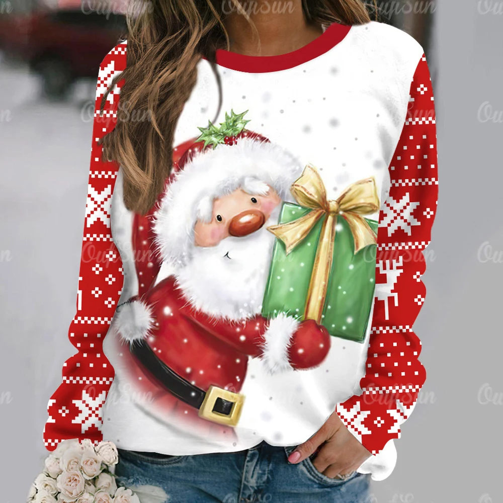 

Merry Christmas Cotton T-shirt For Women Cartoon Santa Claus Print Sweater O-neck Loose Long Sleeve Female Harajuku Streetwear