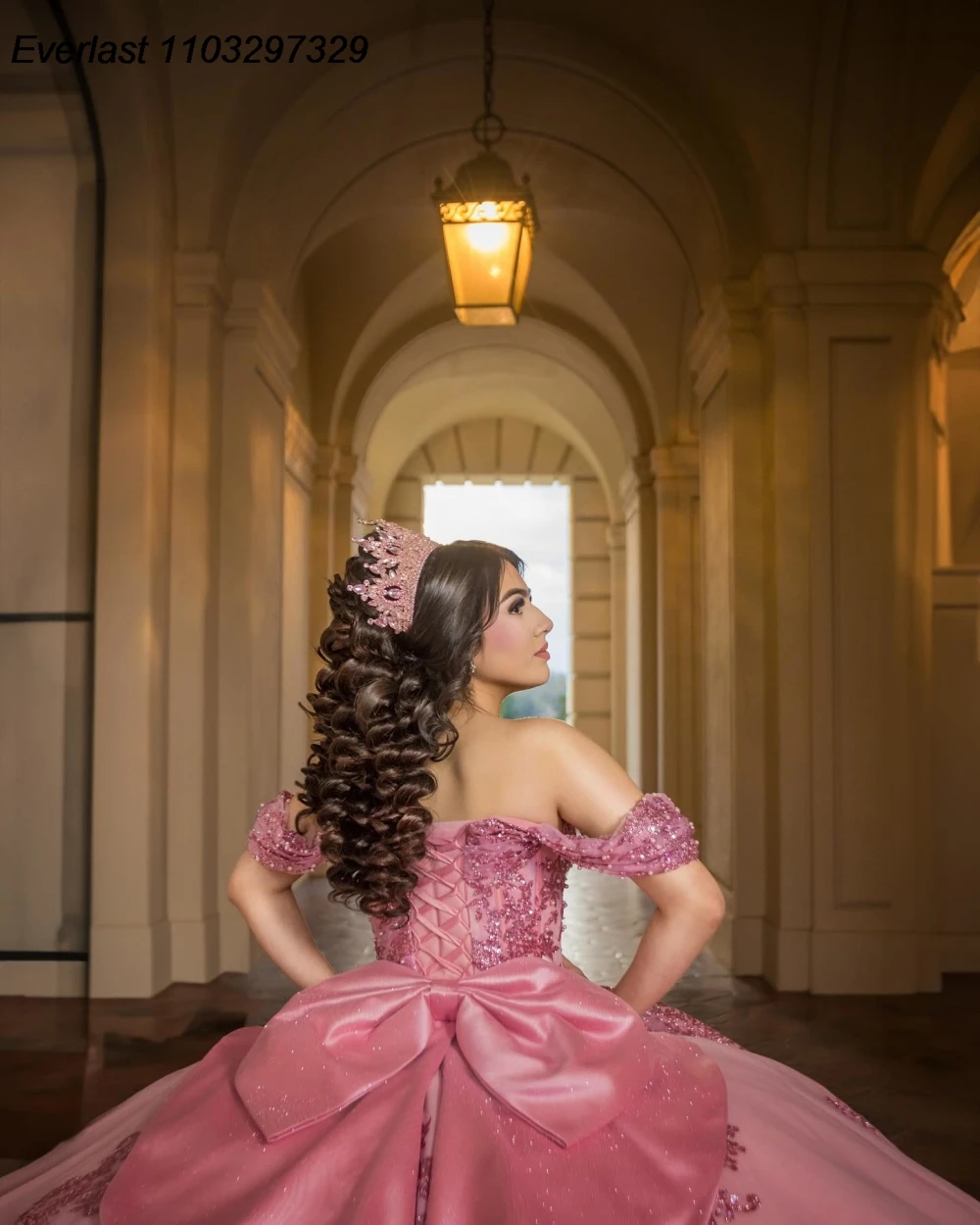 EVLAST Elegant Pink Quinceanera Dress Ball Gown Pink Sequins Lace Applique Beading Bow Corset Sweet 16 Vestido De 15 Anos TQD982