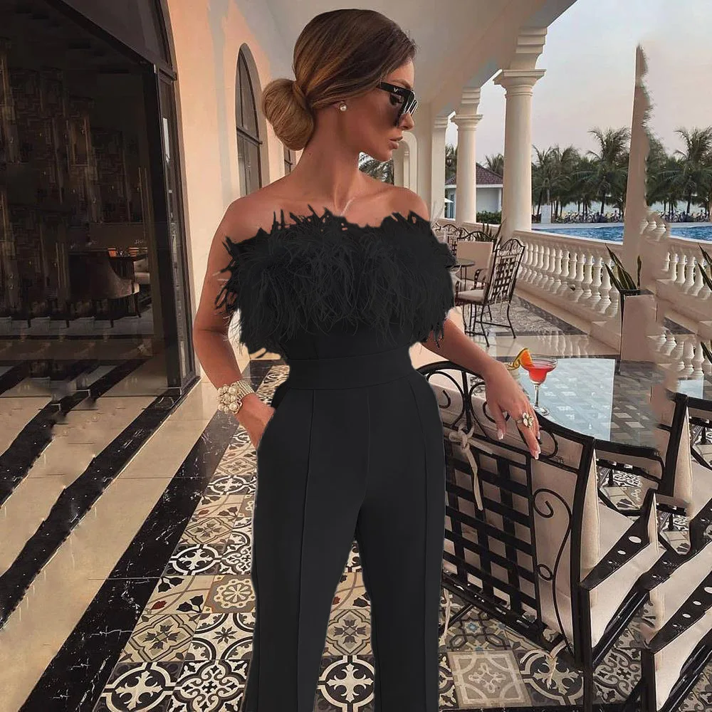 

2023 Spring/Summer New Feather One Shoulder Off Back Sexy jumpsuit