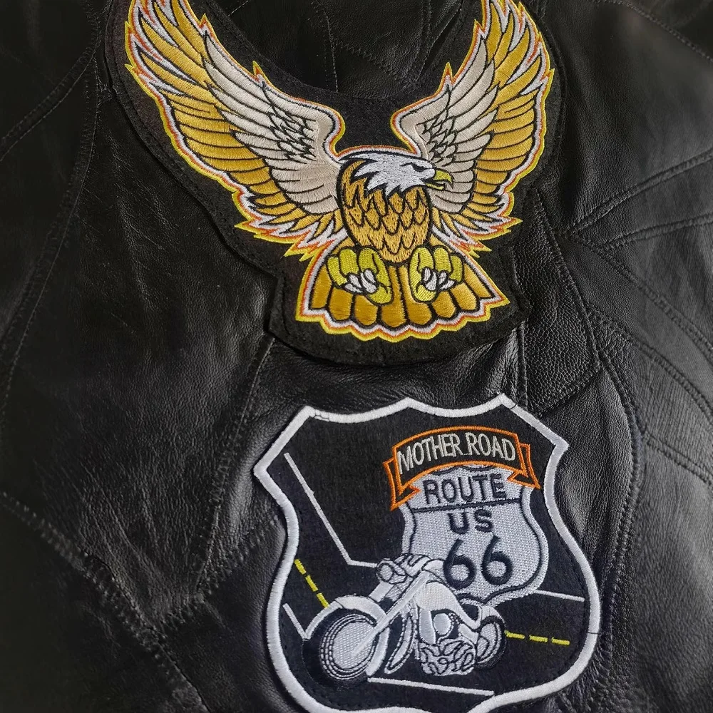 Men's Genuine Leather Vest Motorcycle Riding Jacket Gold Eagle Embroidery Badge Style Biker Vest Streetwear Straight Cut - 3