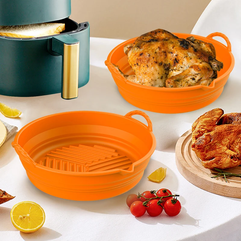 Friggitrice Ad Aria Cestello In Silicone Pieghevole Stampo Rotondo Airfryer Forno Teglia Pizza Pollo Fritto Cestino Riutilizzabile Pan Liner Pot Grill