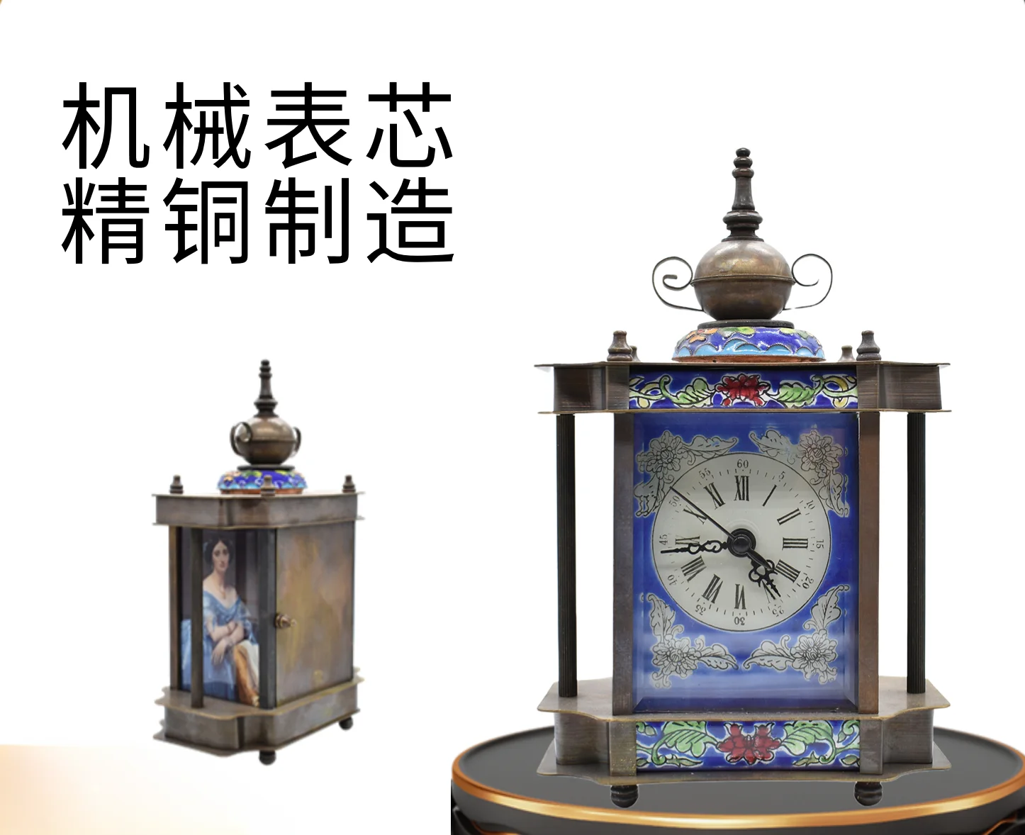 Old-fashioned pure copper enamel color cloisonne mechanical watch European blue pattern table clock home bedroom ornament 3