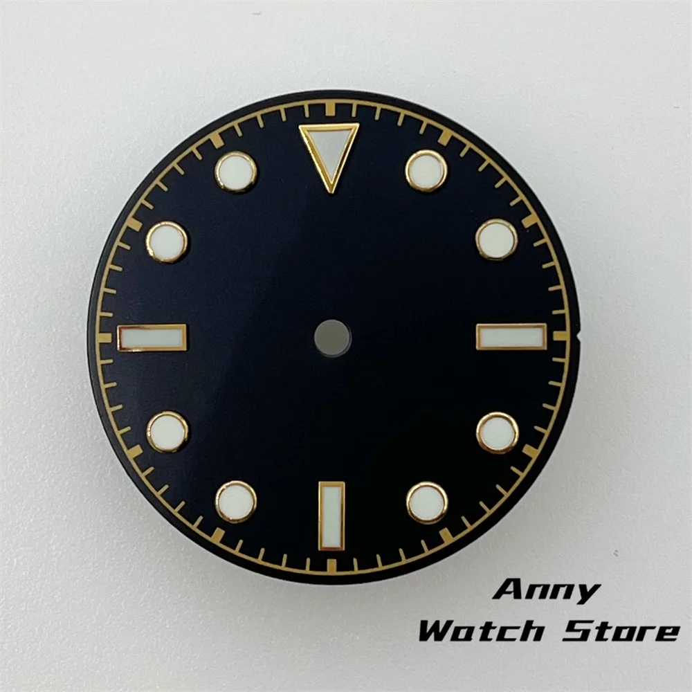 Vintage 29mm Watch Dial with Black, Brown, and Dark Blue Design Featuring Rose Gold Edging and Green Luminous Markers