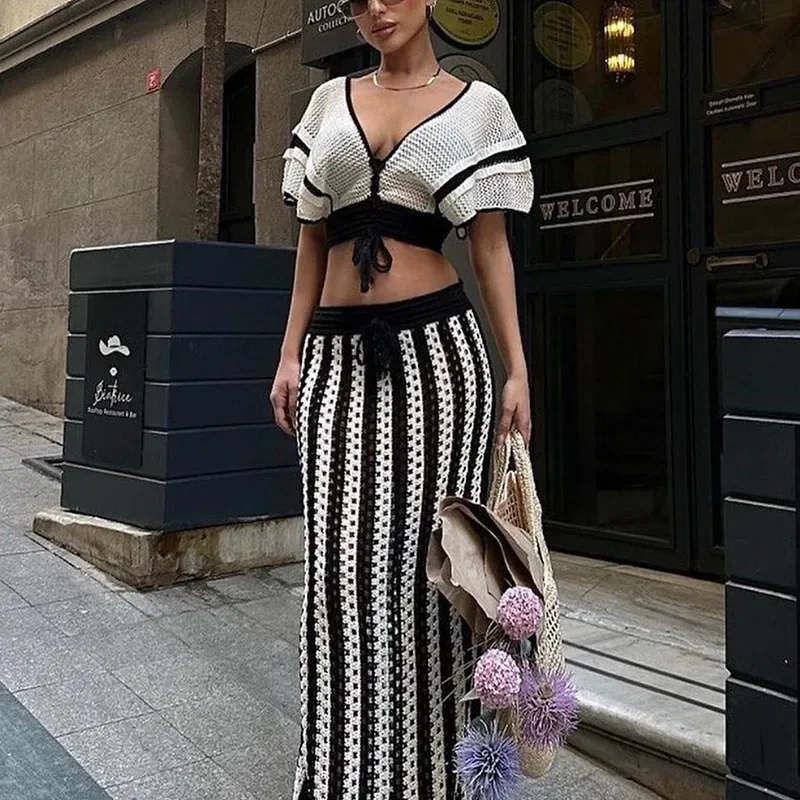 Striped Knitted Two Piece Set Women Outfit Y2K Clothes Clubwear Party Hollow Out V-neck Crop Top and Long Skirt Maxi Dress Sets - Image 2
