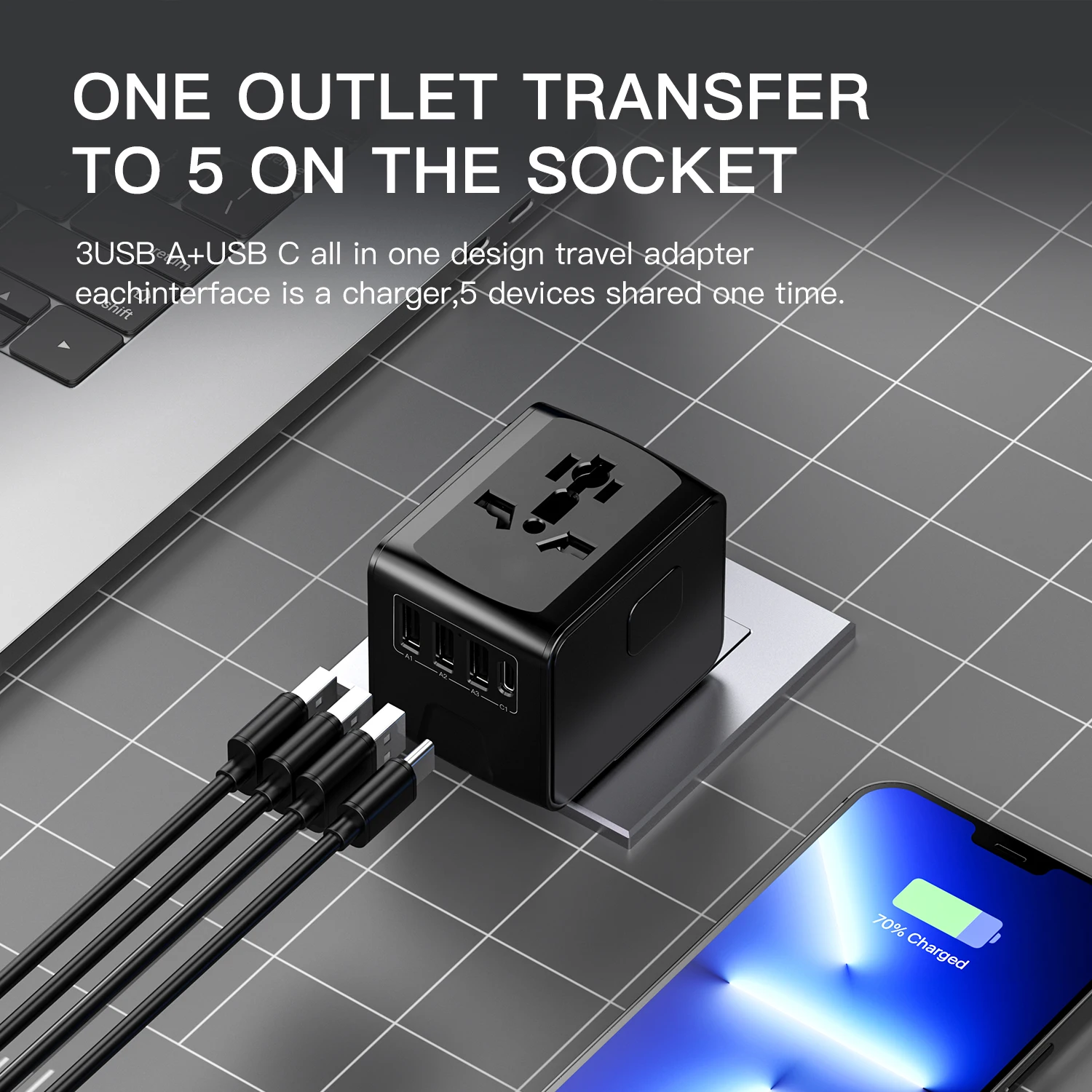 Global Multi-Device Fast Charging Travel Adapter with 4 USB Ports