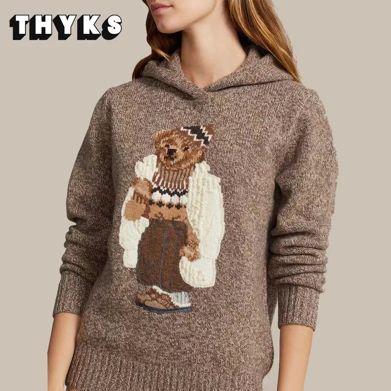 

New RL Bear Wool Women's Sweaters High Quality Weaving Embroidered Hooded Pullovers Classic Versatile Commuting Cashmere Jumpers
