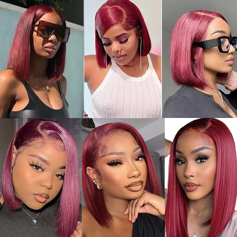 99J Burgundy Straight Bob Wig 13x4 Lace Front Human Hair Wig Pre Plucked Red Colored Brazilian 100% Human Hair For Women 14 Inch