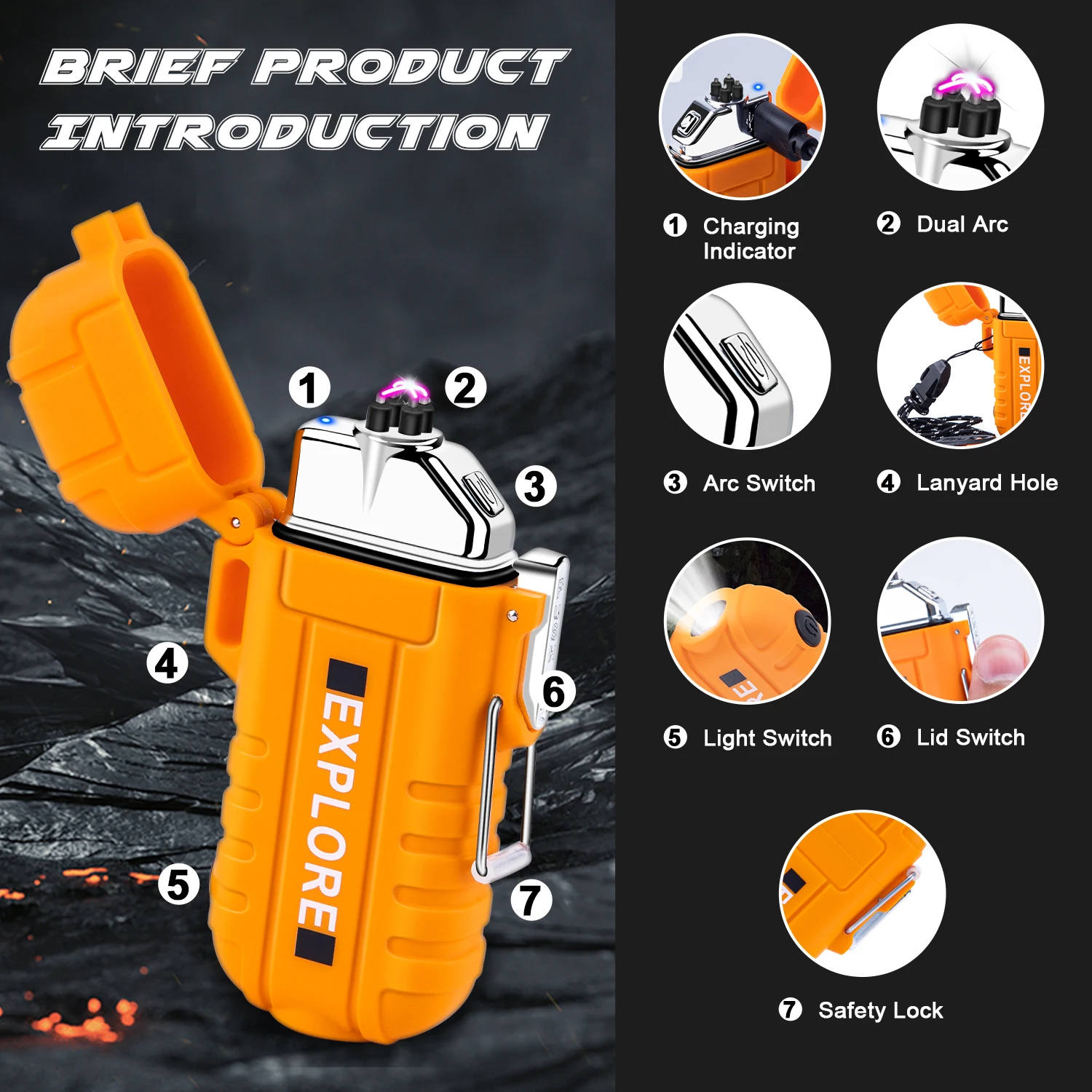 Cigarette Lighter Electric Arc Igniter Waterproof Electric Lighter Windproof Dual Arc USB Rechargeable Flameless Plasma Lighters for Camping Hiking Survival Tactical
