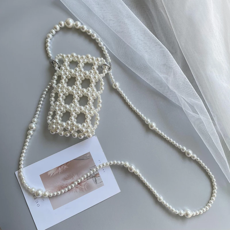 

SHINE French Pearl Woven Mini Mobile Bags for Women Hollow Out Girls Cute Luxury Designer Crossbody Bags Versatile Purses