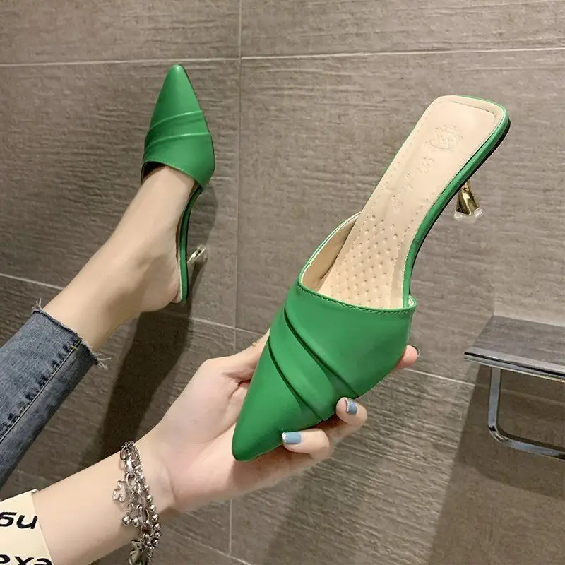 

Baotou Half Slippers Summer Outwear Little Fresh Girl Korean Version Versatile Pointed Toe Thin Heel High Heel Shoes