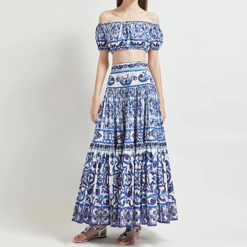 HIGH QUALITY Luxury Fashion Women Blue&White Porcelain Print Off Shoulder Top and Maxi Skirt Summer Set For Female 2023