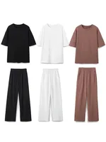 HH Women Vintage Solid Shirts Pant Sets O Neck Short Sleeve Shirts Top + Elastic Waist Loose Trousers Spring Commuting Suit