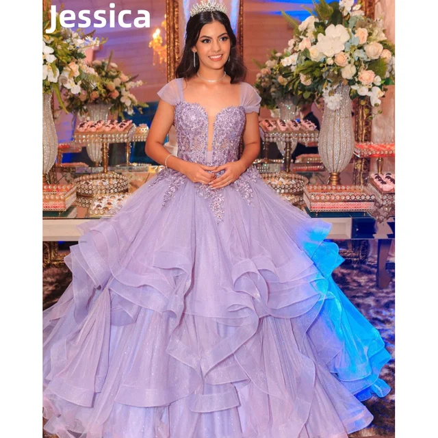 Jessica Lace Embroidery Fairy Prom Dresses Glitter Fluffy Ruffle Purple Evening Dresses Princess Party Dresses Wedding Dress