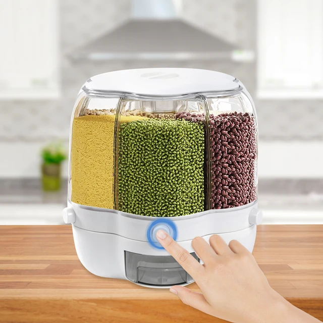 Contenitore per dispenser di cereali da banco per farina alimentare, snack, display 360 ° Contenitore per alimenti a 6 griglie con serbatoio rotante per alimenti secchi 6