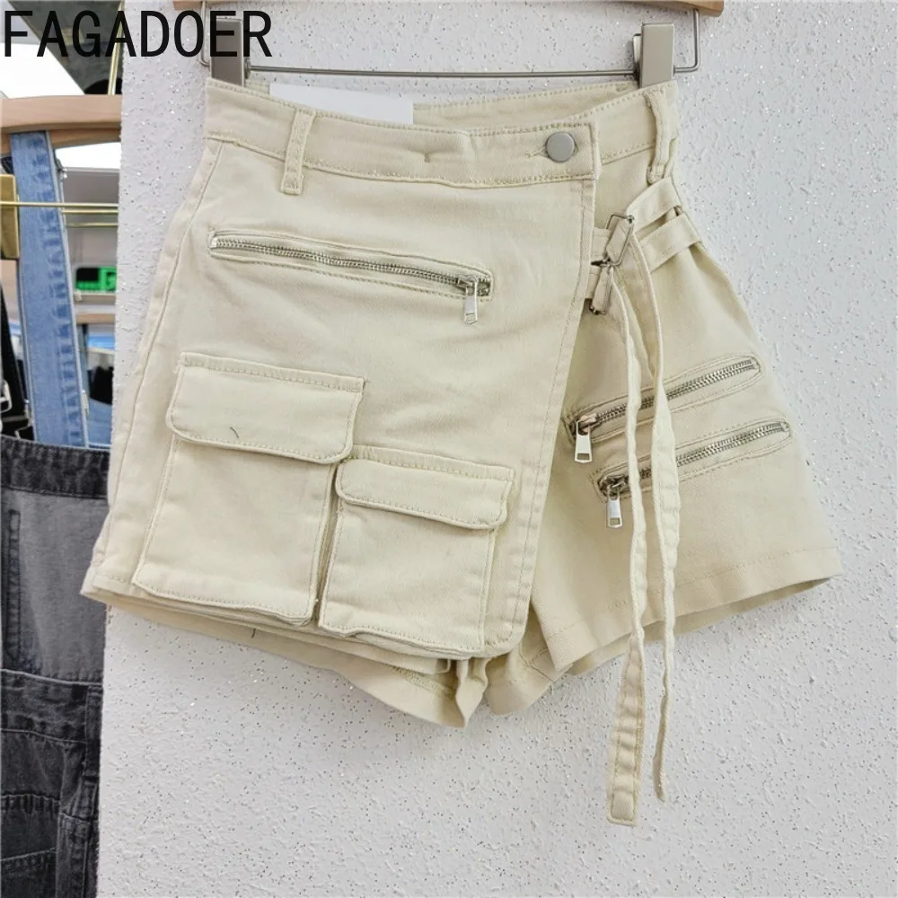 FAGADOER Summer Irregular Pocket Cargo Denim Shorts Women High Waisted Button Zipper Jean Casual Female Matching Cowboy Bottoms
