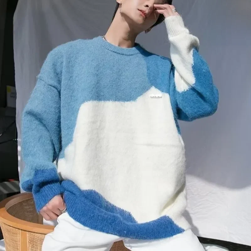 Casual Knitted Top Long Sleeve Hong Kong Style Round Neck Pullover Trendy Fashionable Urban Lightwind Men's Winter Sweater