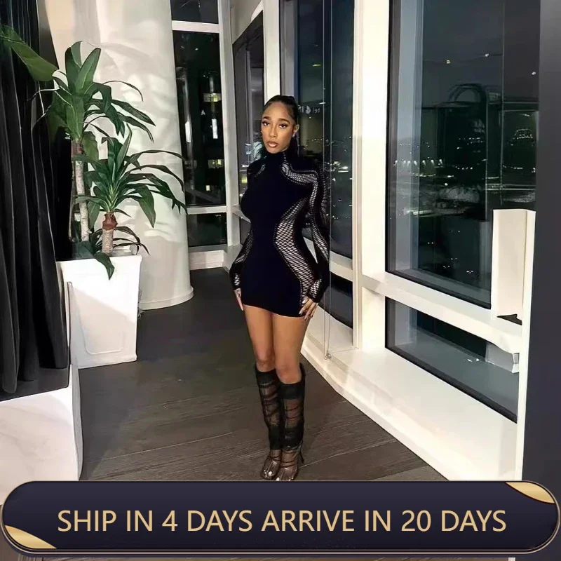 New Trendy Winter Pure Color Half High Collar Long Sleeve Slim Sexy Hollow Out Versatile Ultra Short Dress