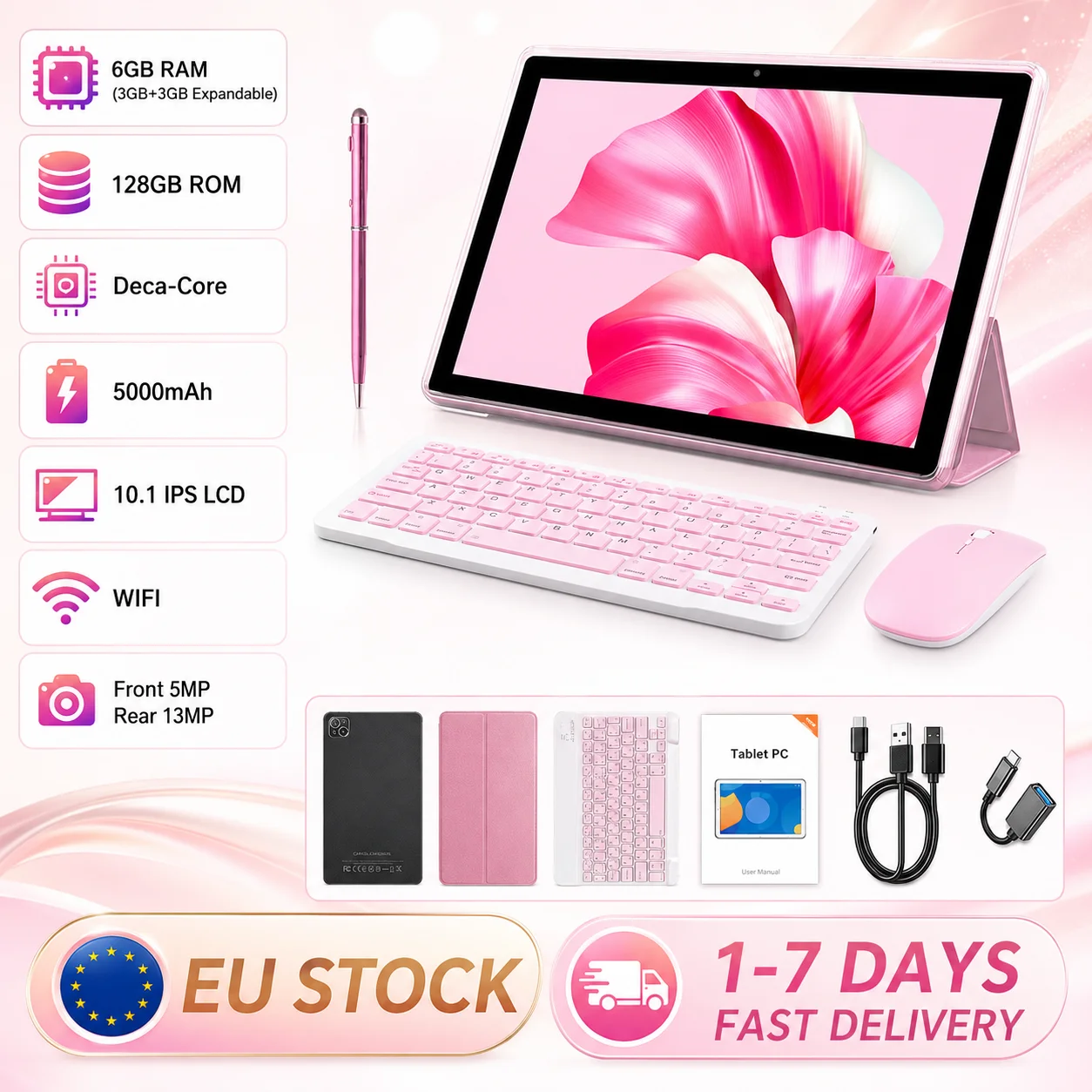 KOOMDIGI T30 PRO Tablette PC 2-en-1 10,1 pouces Android 6 Go de RAM 128 Go de ROM 4G LTE WiFi 2,4G+5G Double caméra 5MP+13MP avec étui rose, stylet, clavier et souris 1