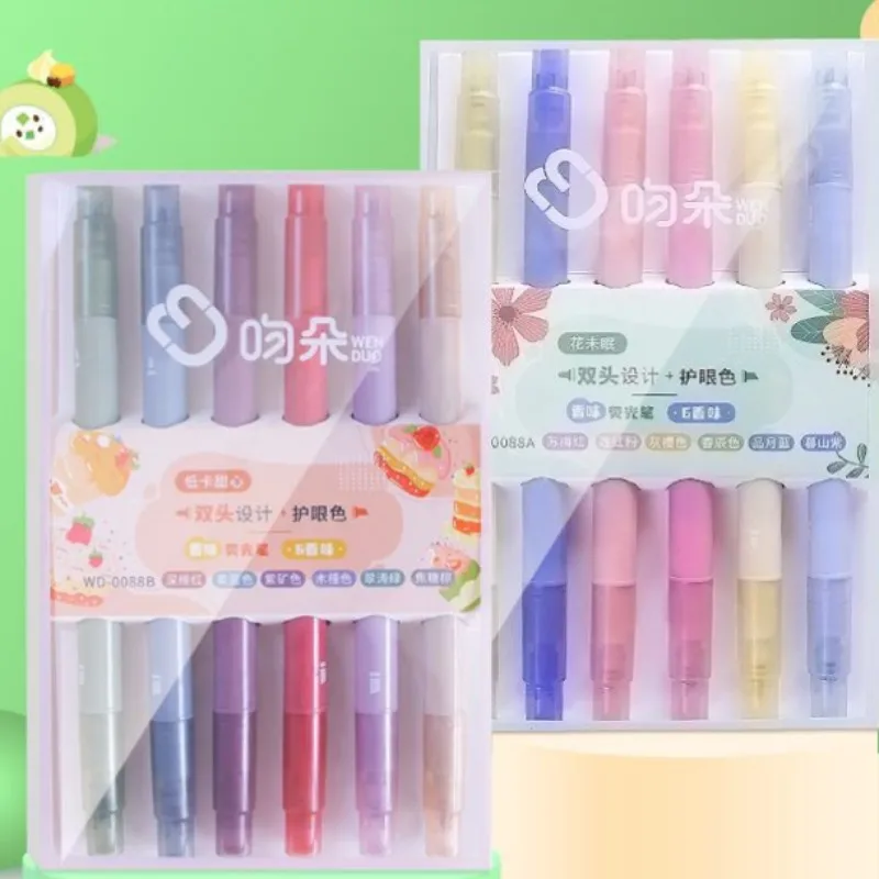 

6pcs Fragrance Marker Pen Student Hand Ledger Key Color Morandi Eye Protection Round Rod Double Headed Fluorescent Clear