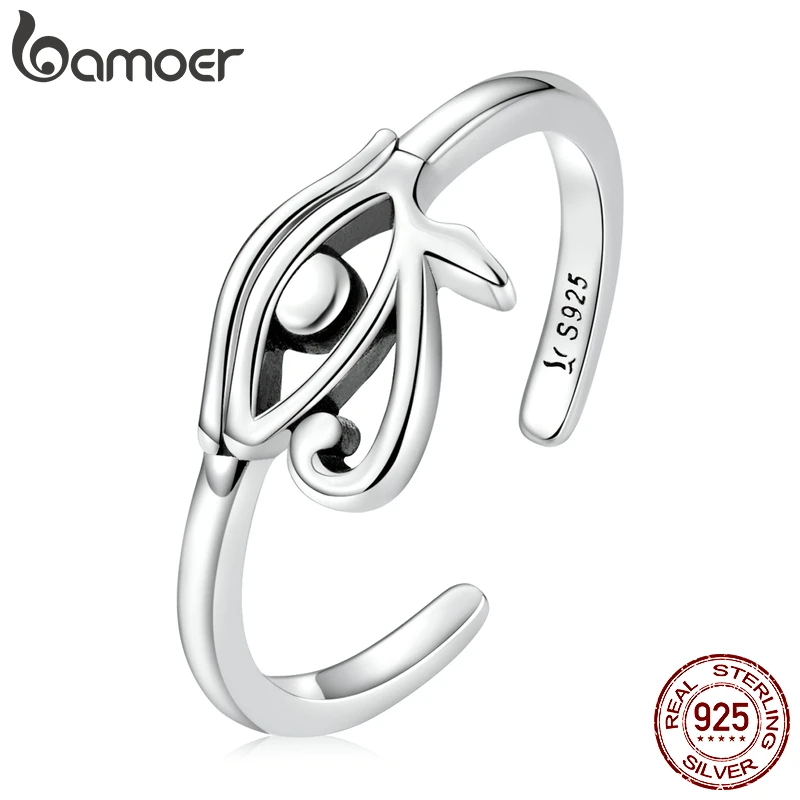 BAMOER 925 Sterling Silver Eye of Horus Egypt Protection Open Ring for Women Personality Cool Band Ring Fashion Jewelry Gift