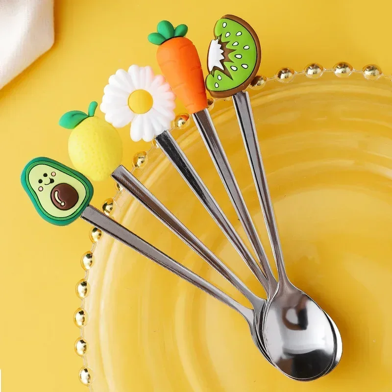 Cartoon Fruits Design Coffee Spoon Creative Stainless Steel Ice Cream Spoon Fork Long Handle For Stirring 15cm