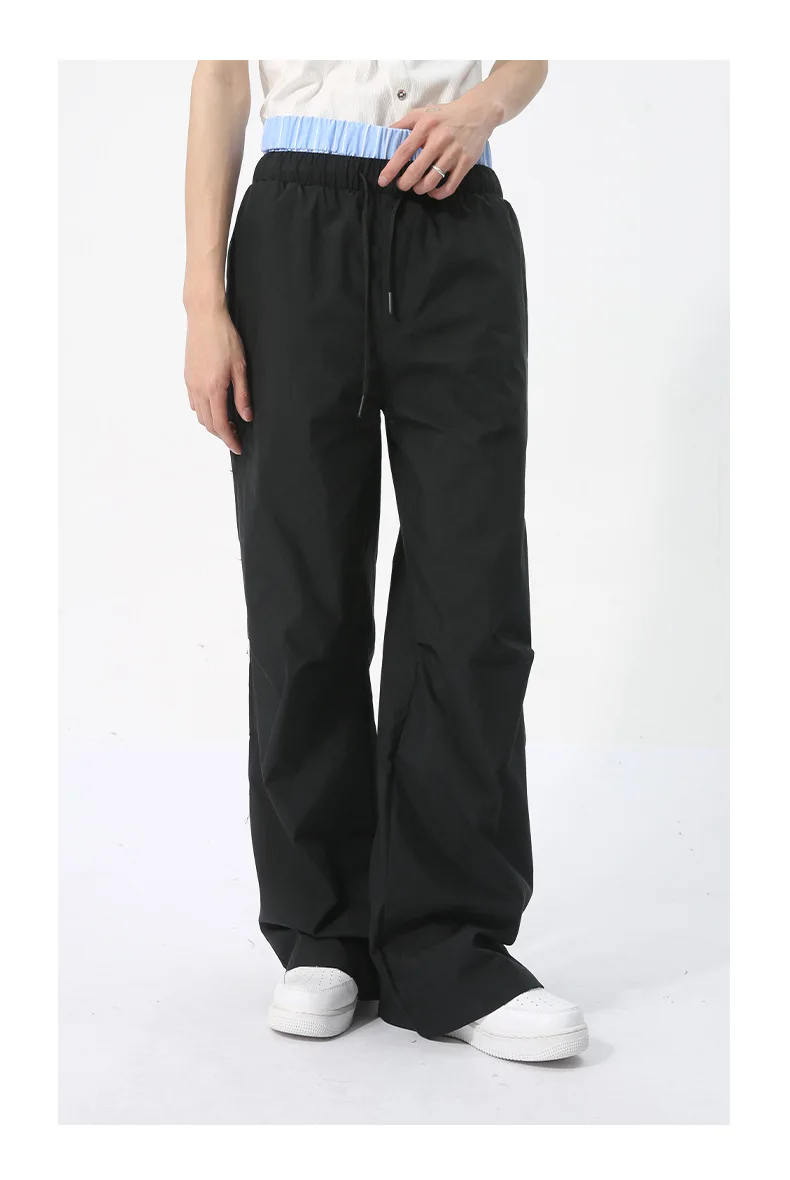 NOYMEI Fashion Niche Design Men Pants Causal Summer Layering Loose All-match Patchwork Contrast Color Drawstring Trousers WA4405