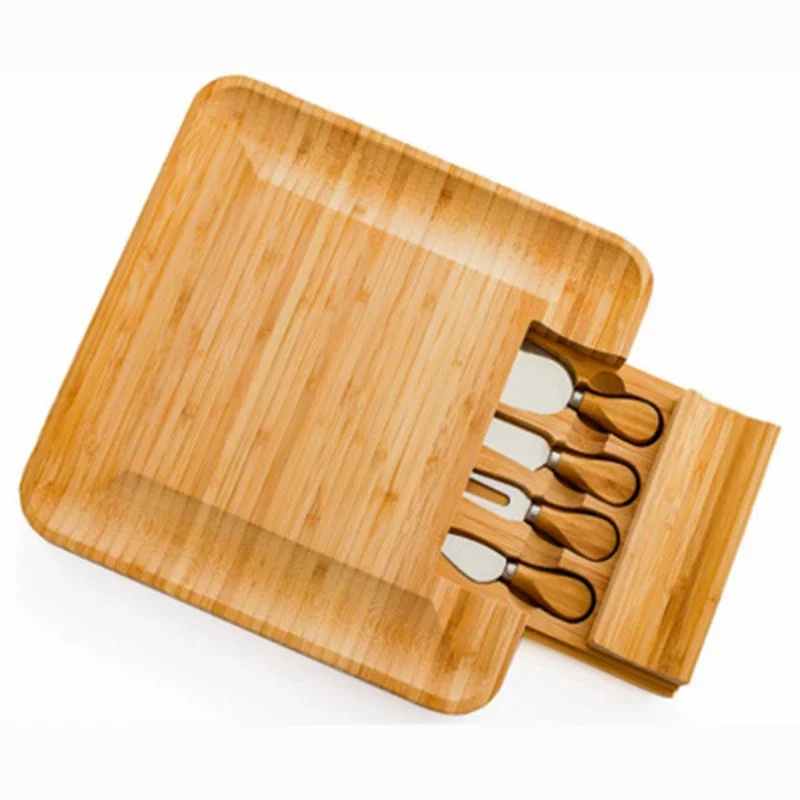 Bamboo Cheese Board New Square Wood Color Slide-Out Drawer Serving Platter For Cheese Fruit Vegetable Storage N