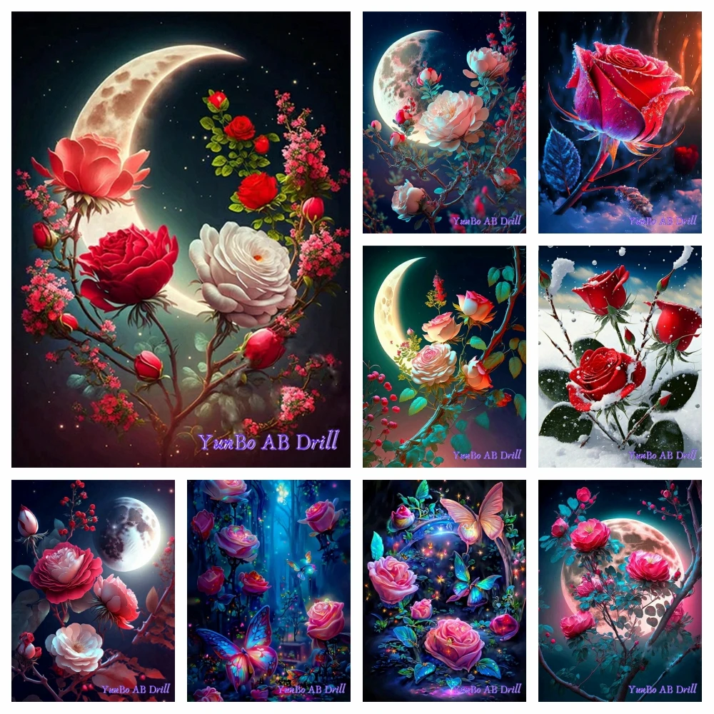 

Fantasy Pink Roses at Crescent Moon 5D DIY AB Diamond Painting Rhinestones Cross Stitch Beautiful Flower Picture Art Home Decor