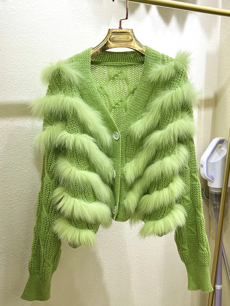 

2023 New Single Breasted Real Fox Fur Knitted Sweater Coat Winter Women Loose Style Cropped Cardigan Jacket For Lady