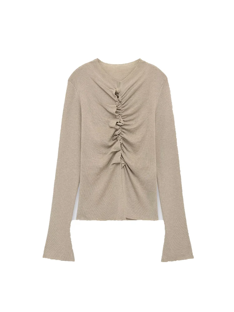 Women's Ruffles Cardigan Casual Style Solid Slim Fit Pleated Decoration Long Sleeve Knitwear Fashion Elegant Ladies Sweater