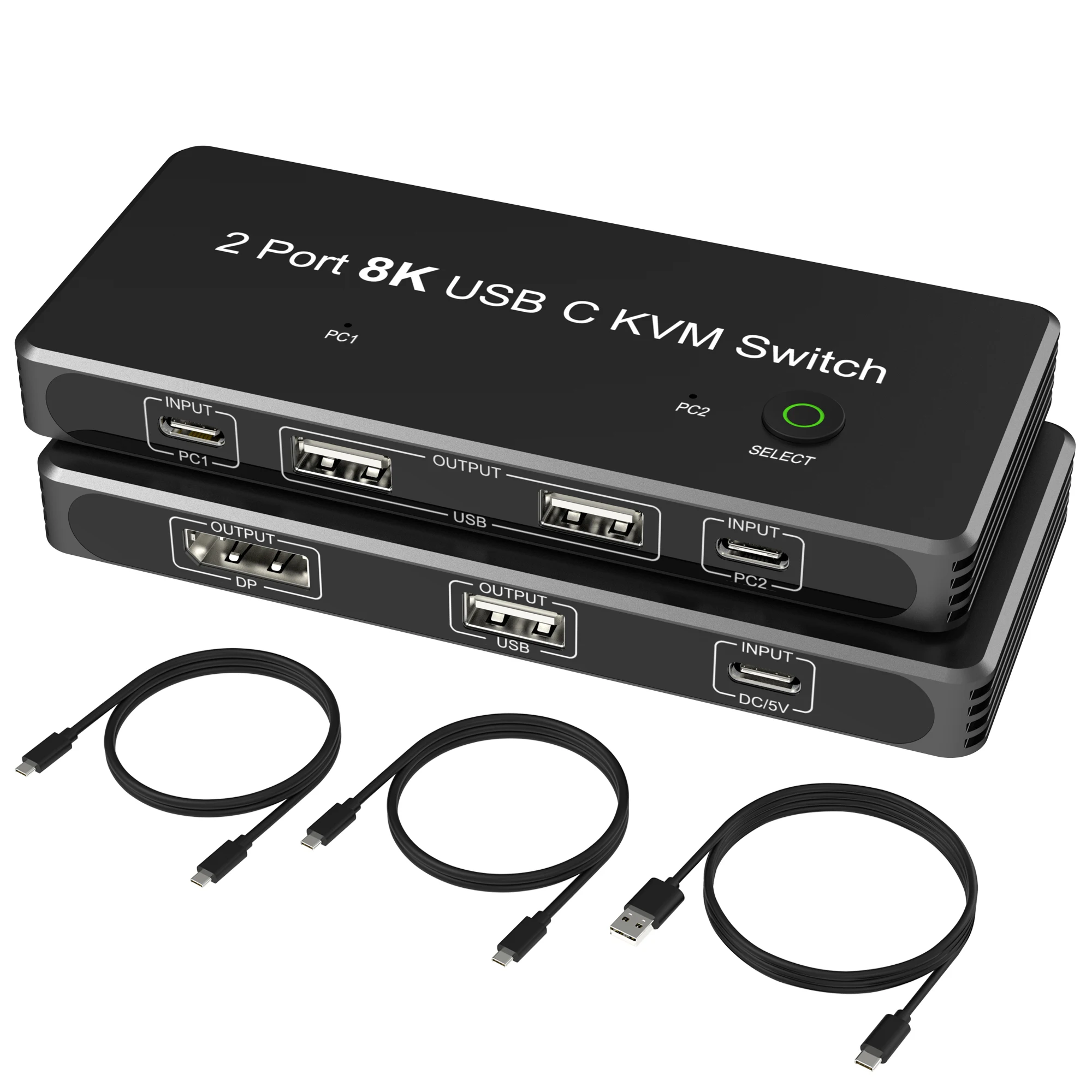 디스플레이 포트 포함 듀얼 포트 8K USB C KVM 스위치, PC-원 디스플레이 포트 듀얼 모니터와 호환 가능, 8K 60Hz, 4K 120Hz, 2xUSB-C