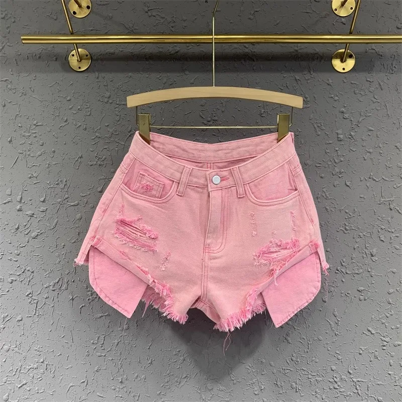 

Pink distressed denim shorts for women's European station 2024 spring new high waisted slimming A-line wide leg pants trend