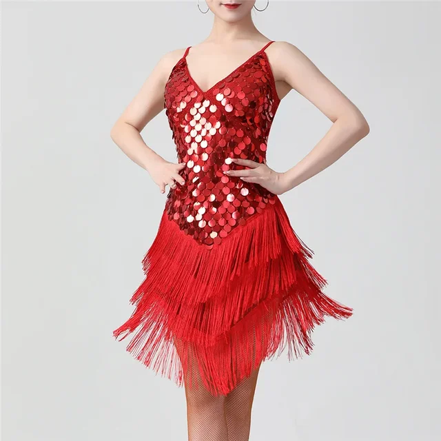 Vestito Danza Latina Donna Con Paillettes | Abito Da Ballo Cha-Cha Tango, Spalline Regolabili, Taglie S-XL - Foto 8