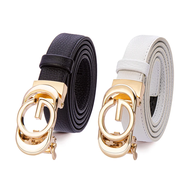 2 Pack Chic Genuine Cowhide Leather Belts for Women Designer for Dress Jeans Pants Casual Thin Waist Belt Automatical Buckle