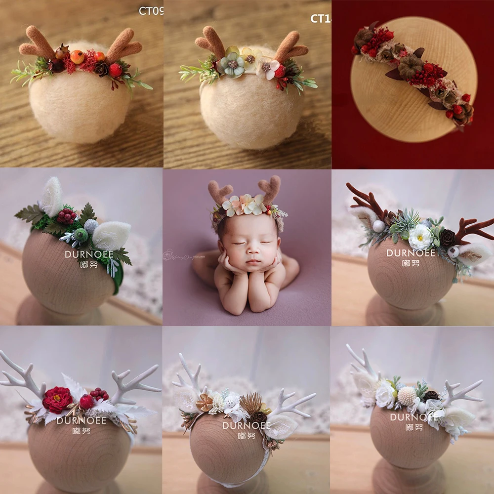 Newborn Photography Props Christmas Antler Baby Headbands Accessories Xmas Party Deer Ear Flower Crown Hair Band Headwraps