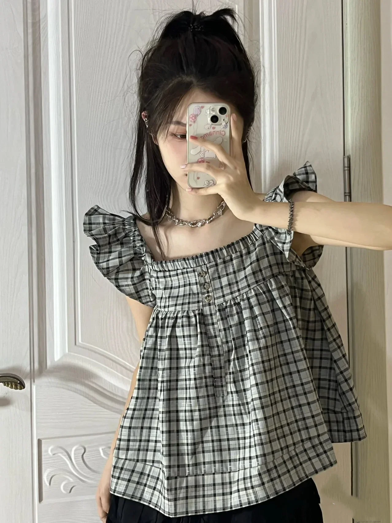 

Summer Women Tops Sweet Ruffles Flying Sleeve Blouses Fashion Korean Blusas De Mujer 2023 Korean Plaid Loose Blouse Shirts