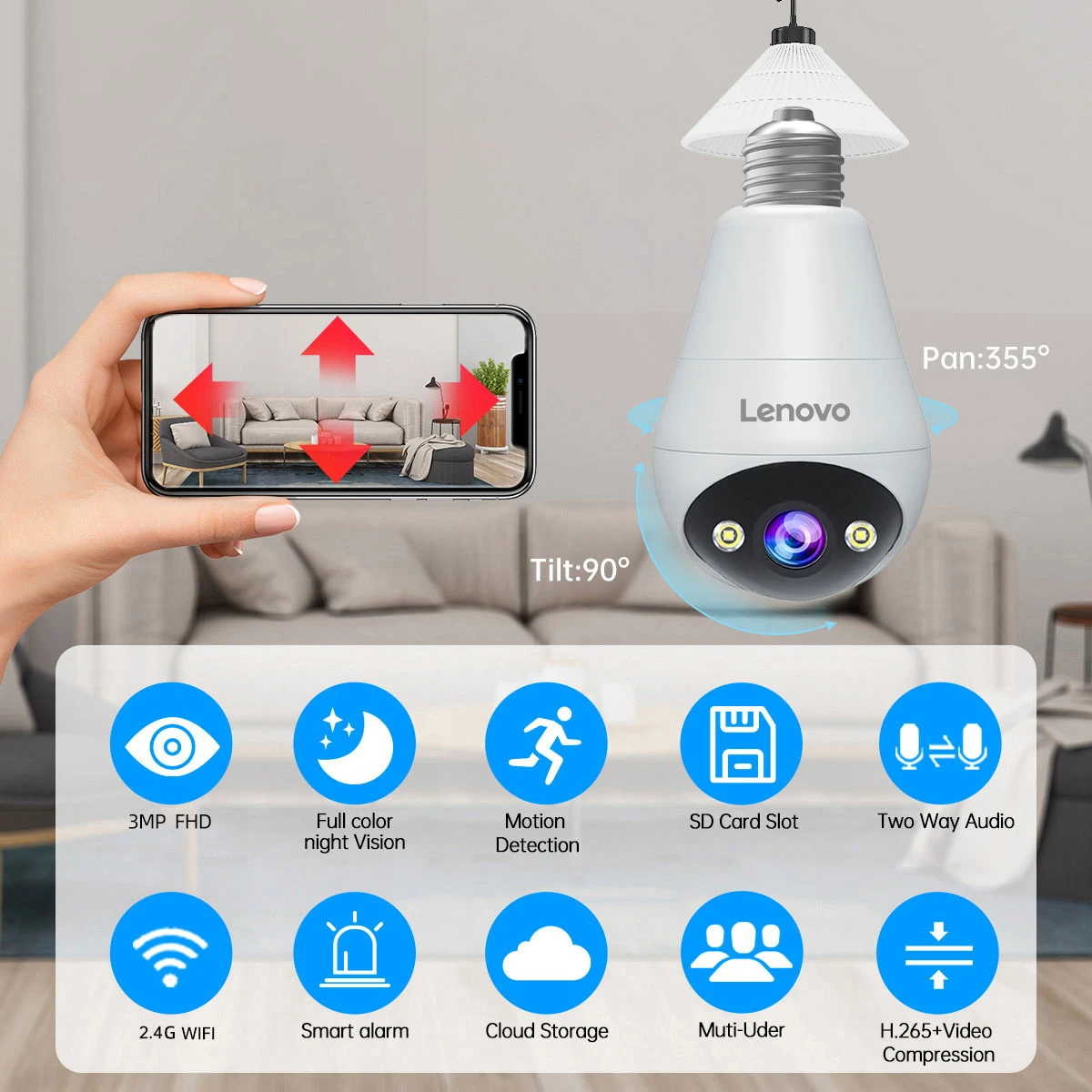 Lenovo E27 Lampadina Telecamera Interna 5X Zoom Digitale 2K Tracciamento Automatico Visione Notturna a Colori Telecamere Senza Fili Smart Home Camera - immagine 5