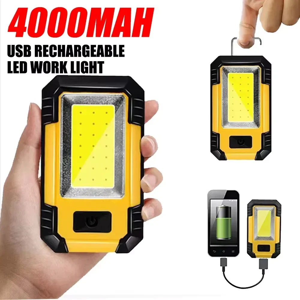 Multi-function 4000mah LED Work Light Rechargeable COB Flashlight With Magnetic Portable Outdoor Camping Lantern Emergency Lamp