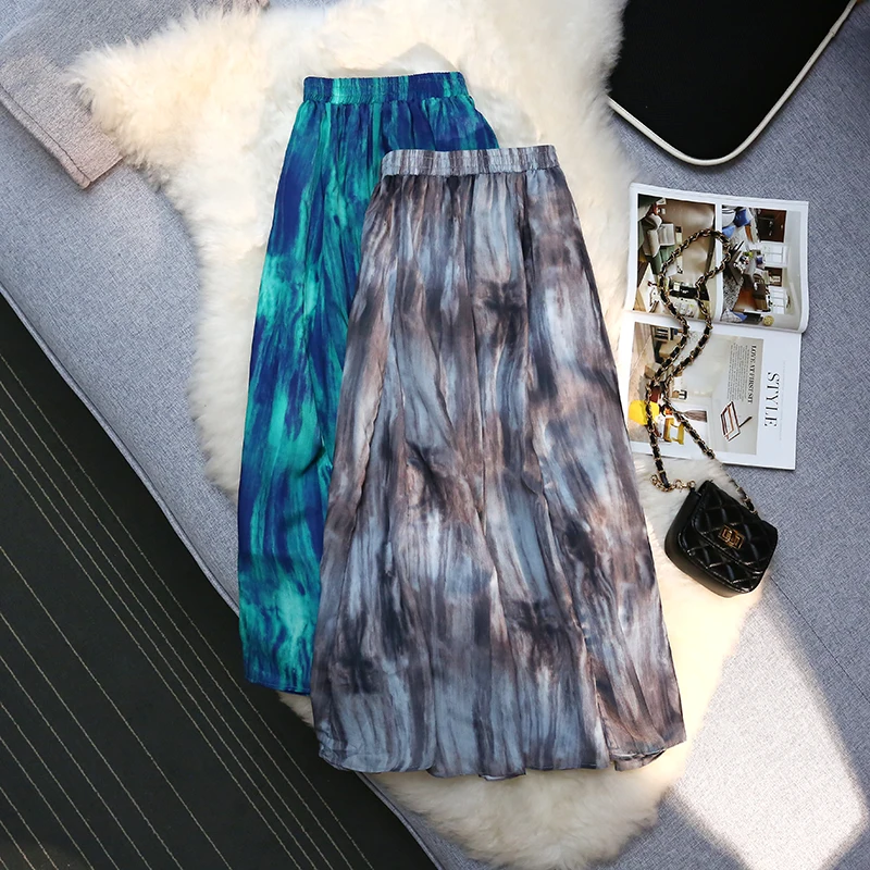 

2024 New Women Spring Autumn Elastic Waist Painting Skirt Female Loose A-line Long Ladies Tie-dyed Casual Pleated Skirts O746