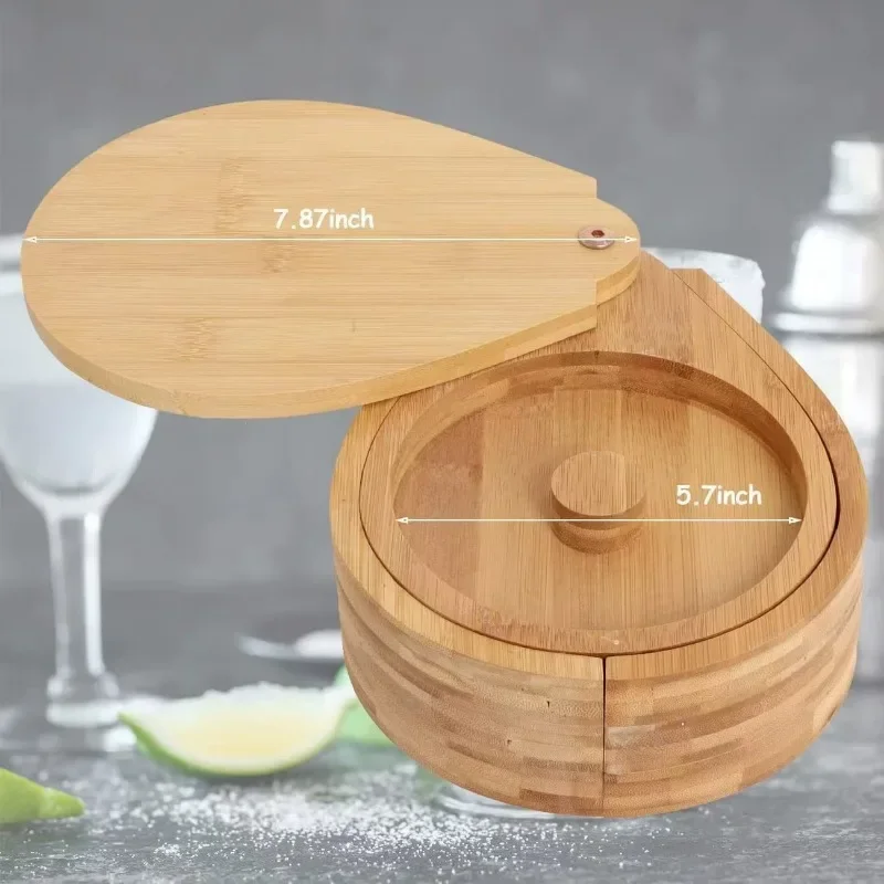 3 Tier Bamboo Rotating Salt Rimmer Box Seasoning Jar Salt Dipper Sugar Rim Box Juice Cocktail Seasoning Bartender Tool