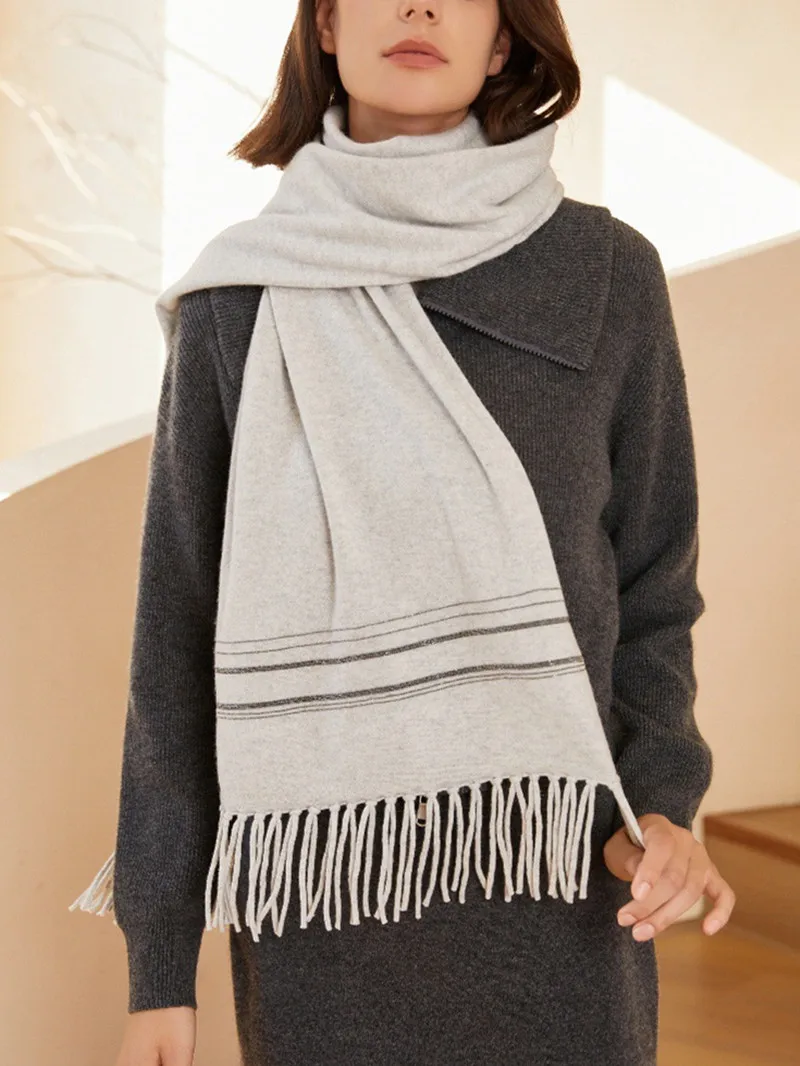 

Women 100% Cashmere Bead Chain Tassel Scarf 2023 Winter New Ladies Thickened Solid Color Long Shawl