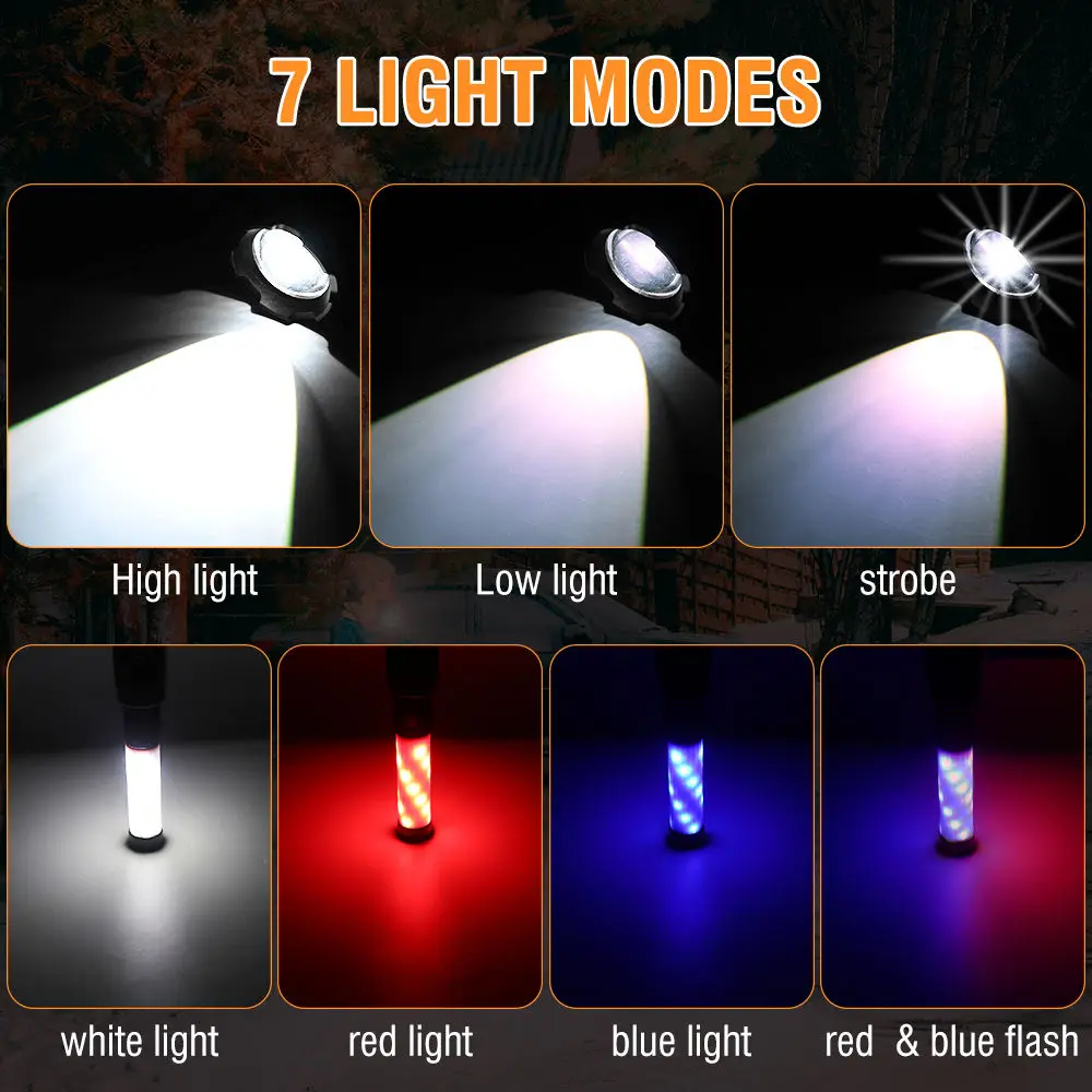 장거리 LED 손전등 충전식 줌 토치, 강력한 스포트라이트 램프, 자석 캠핑 랜턴, 리튬 배터리 내장
